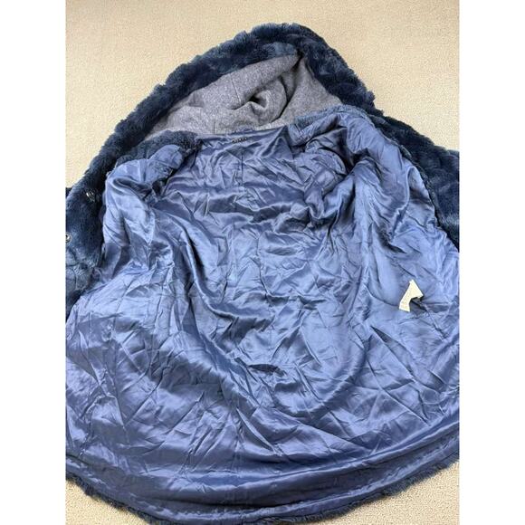 Sisley Hooded Coat Women 2 Blue Faux Fur Clip Buttons Gray Wool Lined Hood Plush - Picture 8 of 9